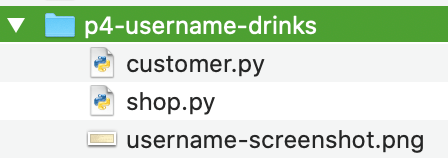 P4 folder and screenshot require your username. The .py files can be named something like customer.py and shop.py.