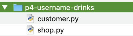 P4 folder and screenshot require your username. The .py files can be named something like customer.py and shop.py.
