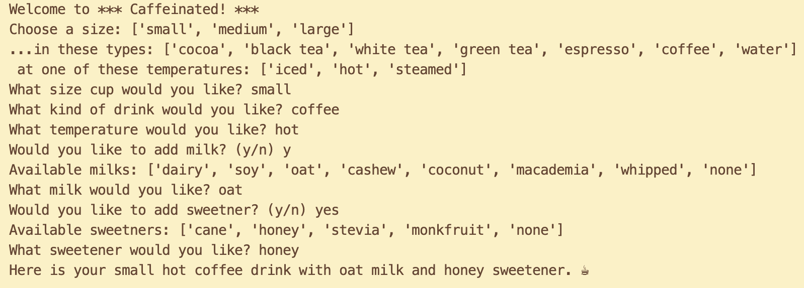 Instructor's example screenshot of Program 4's Drink Order