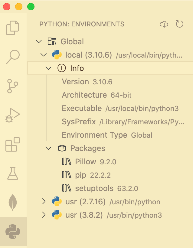VS Code's list of Python installations and packages. Pip is needed to install Matplotlib.